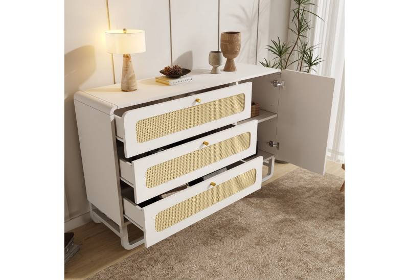 REDOM Sideboard Kommode Weiß Flurschrank (Wohnzimmerschrank, Anrichte, 1 St., mit 3 Schubladen,1 Türschrank, höhenverstellbare Regale), mit gelbem Rattan und goldenen Metallgriffen von REDOM