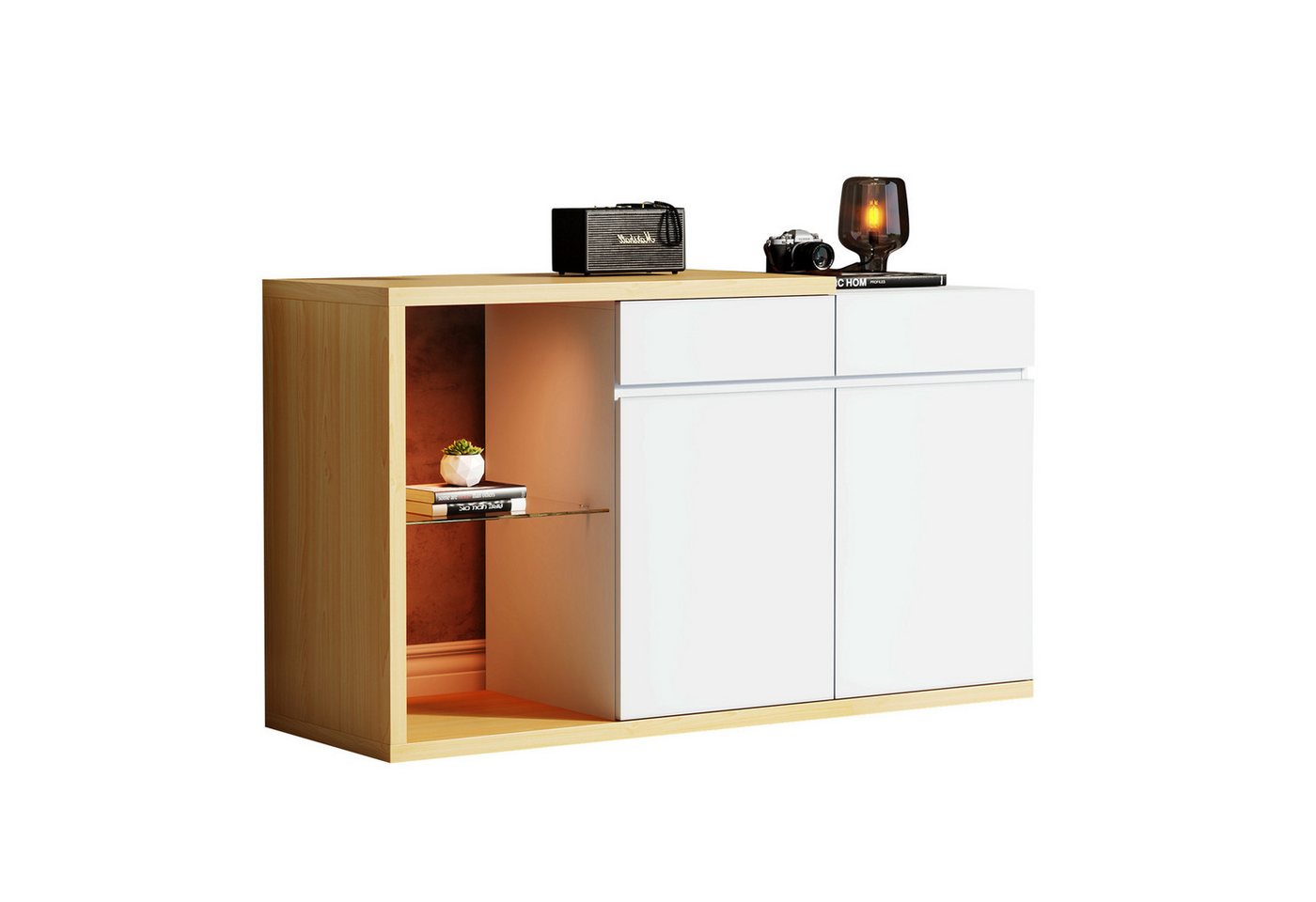 REDOM Sideboard LED Kommode Anrichte Beistelltisch (Kommode, Anrichte, Wohnzimmerschrank, Eckschranke, 1 St., 2 Türen, 2 Schubladen, 2 offene Fächer), mit LED-Beleuchtung von REDOM