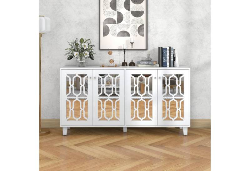 REDOM Sideboard Luxuriöser TV-Schrank Weiß mit Spiegel (mit Spiegelelementen und geometrischem Trellis-Muster, 160x40x84 cm), mit 4 Türen und Beweglichem Regal von REDOM