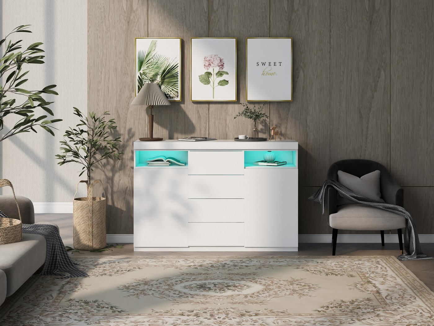 REDOM Sideboard Moderne LED-Kommode, Sideboard, Küchenschrank, Highboard (Viel Stauraum & durchdachtes Design Einstellbares LED-System, Weiß 139*36,5*92cm Modernes Design &Verstile), Einfache Montage von REDOM