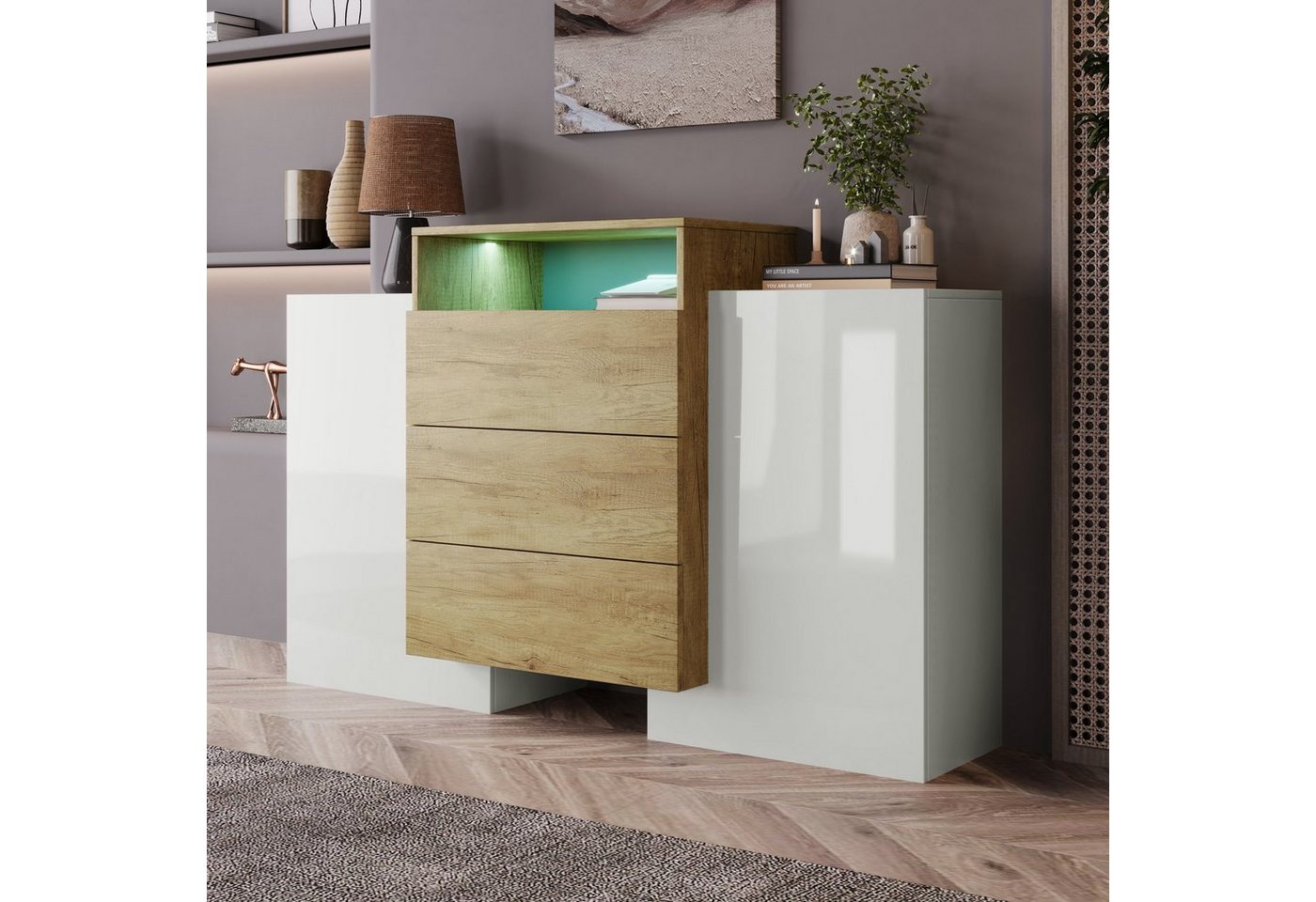 REDOM Sideboard Moderner Kommode (Hochglanz-Weiß und Holzfarbe, Mehrfarbige LED-Lichteffekte, 1 St., Moderner Kommode, Schrank 140cm), Stilvolle Aufbewahrungslösung von REDOM