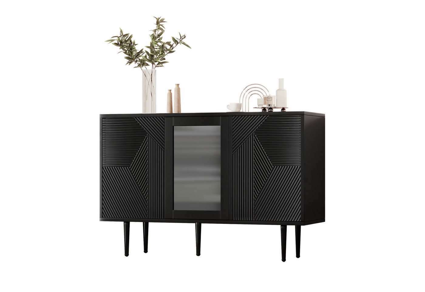 REDOM Sideboard Modernes Küchenschrank (Kommode mit 3 Türen & Glastüren –Aufbewahrungseinheit mit Metallbeinen, 120 x 38 x 79.5 cm) von REDOM