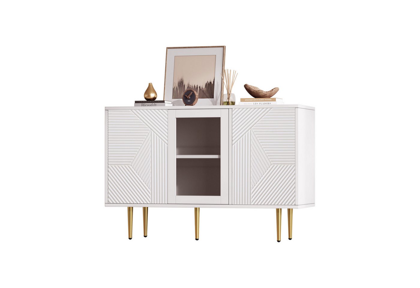 REDOM Sideboard Modernes Küchenschrank (Kommode mit 3 Türen & Glastüren –Aufbewahrungseinheit mit Metallbeinen, 120 x 38 x 79.5 cm) von REDOM