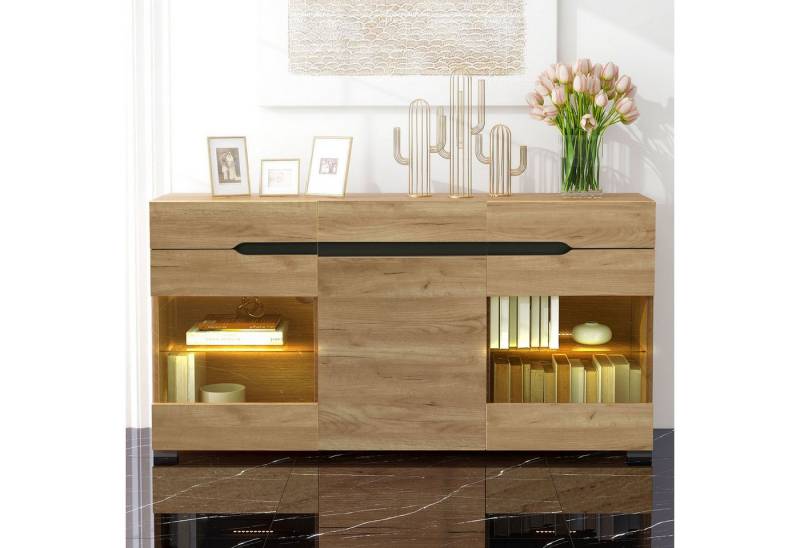 REDOM Sideboard Modernes LED Sideboard Set Eiche mit (mit viel Stauraum für Ihren Wohnbereich), Möbel 3 Türen 3 Schubladen Moderne Kommode von REDOM