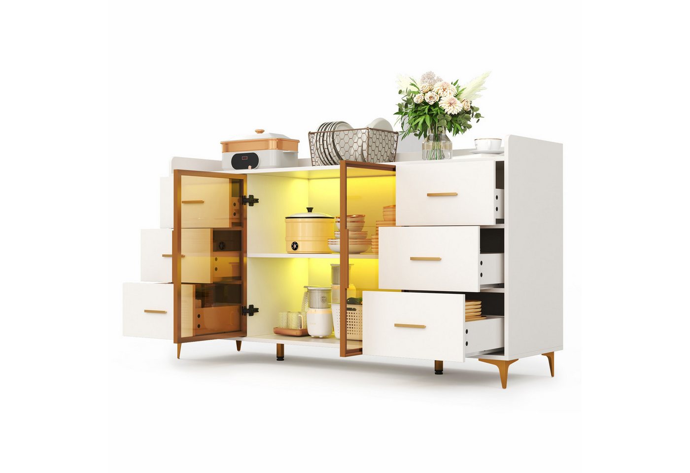 REDOM Sideboard Multifunktionales Küchenbuffet,Kommode (Modernes Sideboard in Weiß mit Gold – 6 Schubladen, LED-Beleuchtung per Fernbedienung, Glasfront & Kippschutz., 1 St), mit LED-Beleuchtung von REDOM