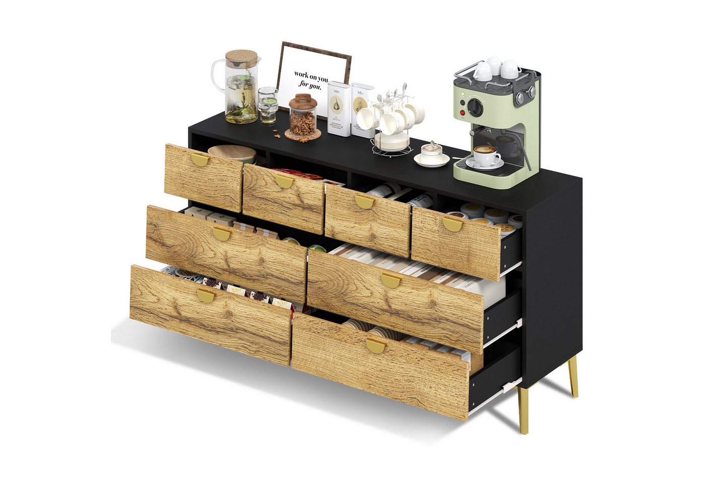 REDOM Sideboard Multifunktionales Küchenbuffet,Kommode (Modernes Sideboard mit 8 Schubladen, Minimalistisches Design in Schwarz & Holzfarben, Mit Goldenen Metallgriffen & Metallfüßen., 1 St., 150x40x78.5cm), mit 8 Schubladen REDOM Sideboard Multifunktionales Küchenbuffet,Kommode (Modernes Sideboard mit 8 Schubladen, Minimalistisches Design in Schwarz & Holzfarben, Mit Goldenen Metallgriffen & Metallfüßen., 1 St., 150x40x78.5cm), mit 8 Schubladen von REDOM