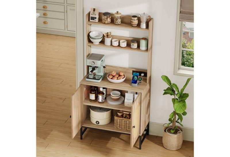 REDOM Sideboard Rattan-Doppeltür Buffet-Schrank (mit Eichenholz-Dekor und Rattan-Doppeltüren, CE-zertifizierte Steckdose (USB & 220V), Offene Ablagen, Kippschutz, Für Küche, Wohnzimmer & Büro) von REDOM