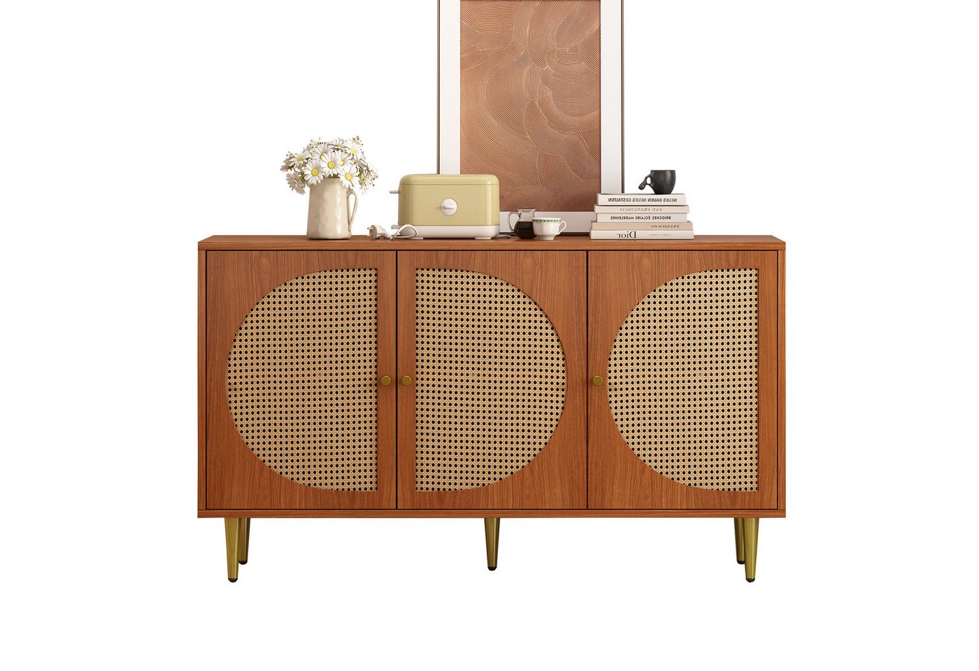 REDOM Sideboard Rattan-Sideboard mit 3 Türen und verstellbaren Regalen (Wohnzimmerschrank, Anrichte, einfach zu montieren), aus Walnuss-Holz von REDOM