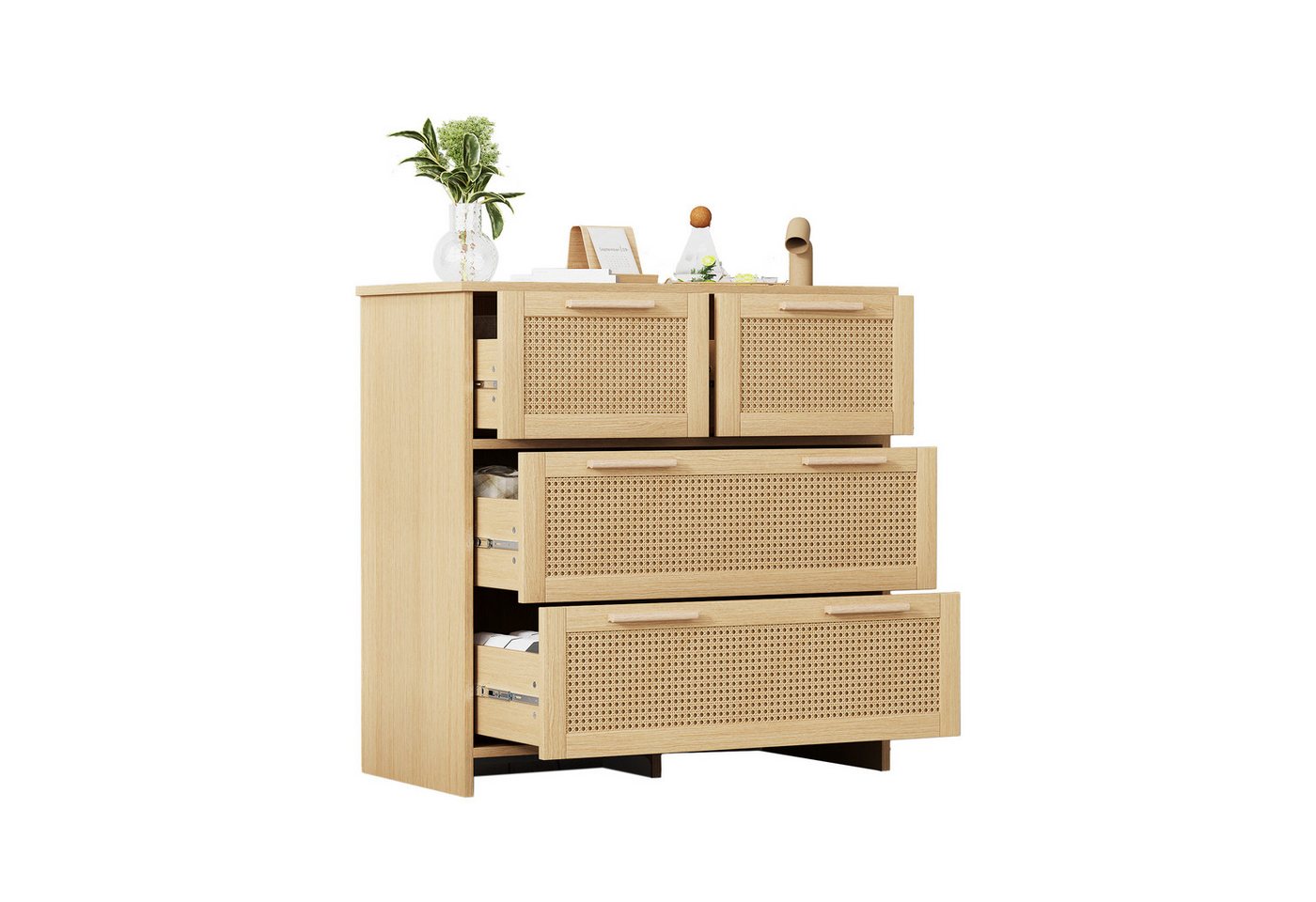 REDOM Sideboard Rattanschrank (Sideboard mit 4-Schubladen und Massivholzgriffen), Maße: B80/H80/T38 cm von REDOM