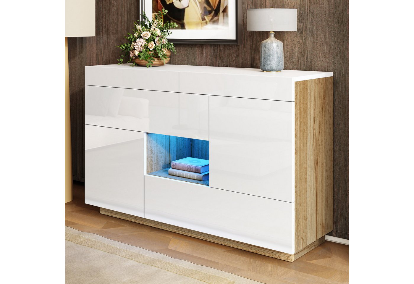 REDOM Sideboard mit Hochglanzfront in Weiß & Holzoptik (Beistellschrank, Aktenschrank, 1 St., mit 2 Schubladen, 2 Türen, offenem Fach), LED-Lichtleiste, 16 Farben von REDOM