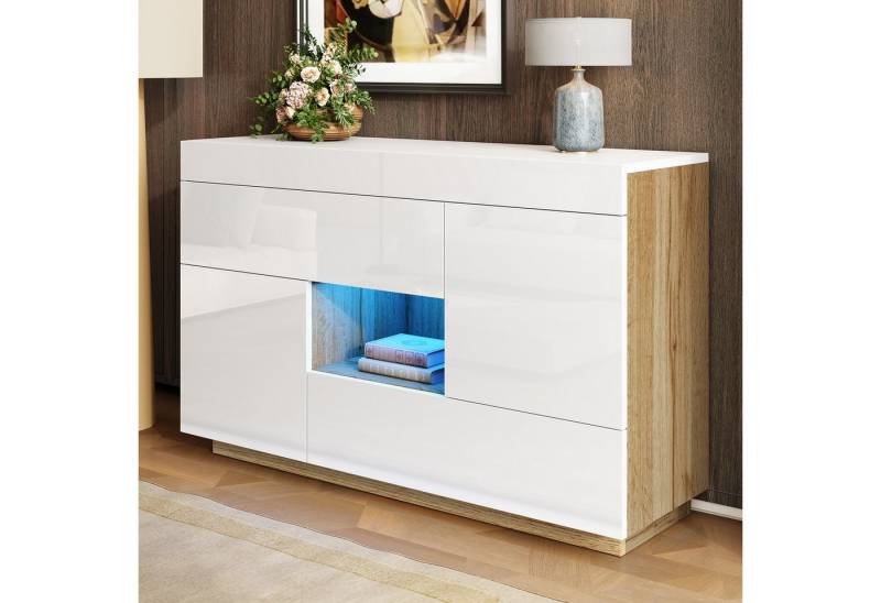 REDOM Sideboard mit Hochglanzfront in Weiß & Holzoptik (Beistellschrank, Aktenschrank, 1 St., mit 2 Schubladen, 2 Türen, offenem Fach), LED-Lichtleiste, 16 Farben von REDOM