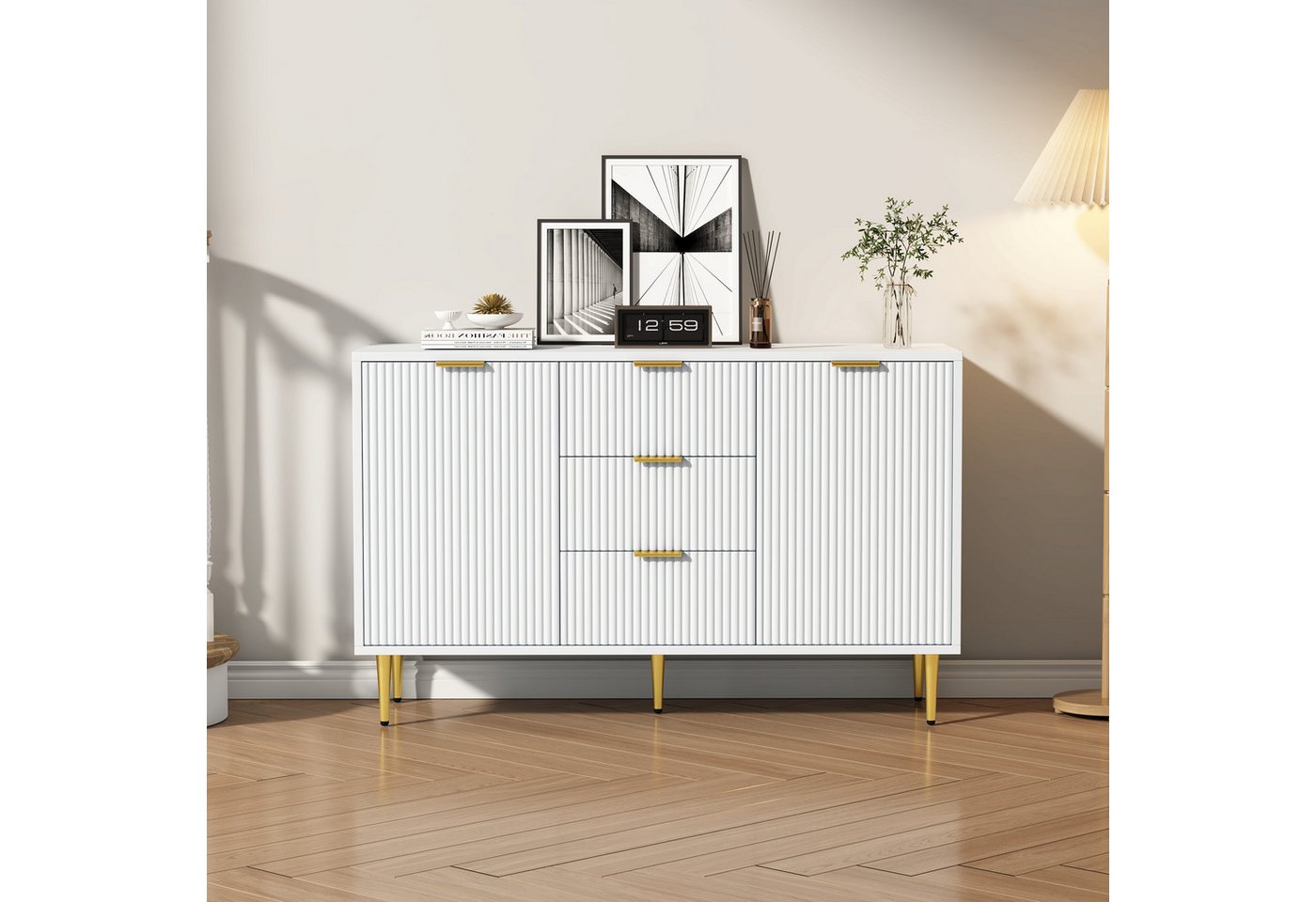 REDOM Sideboard Sideboard in Weiß und Gol (Sideboard,mit 3 Schubladen und 2 Türen), Kommode mit Metallfüße,B:120cm von REDOM