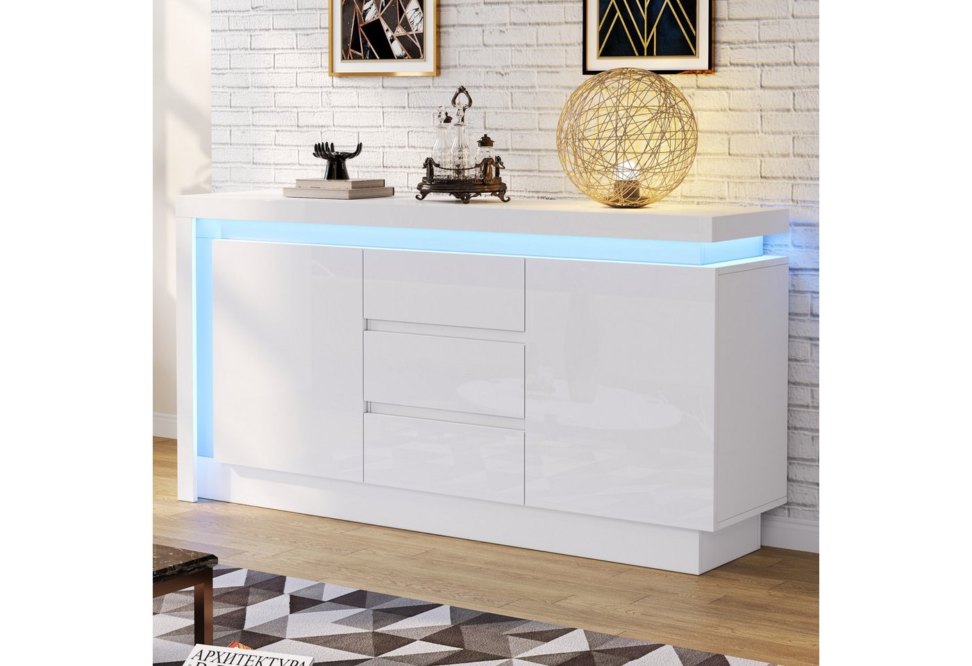 REDOM Sideboard Sideboard mit 2 Schränken & 3 Schubladen (Kommode, Wohnzimmermöbel, 1 St., Multifunktionales Sideboard Aufbewahrung,140x35x72 cm), mit LED-Ambiente – Mobile App Steuerung von REDOM