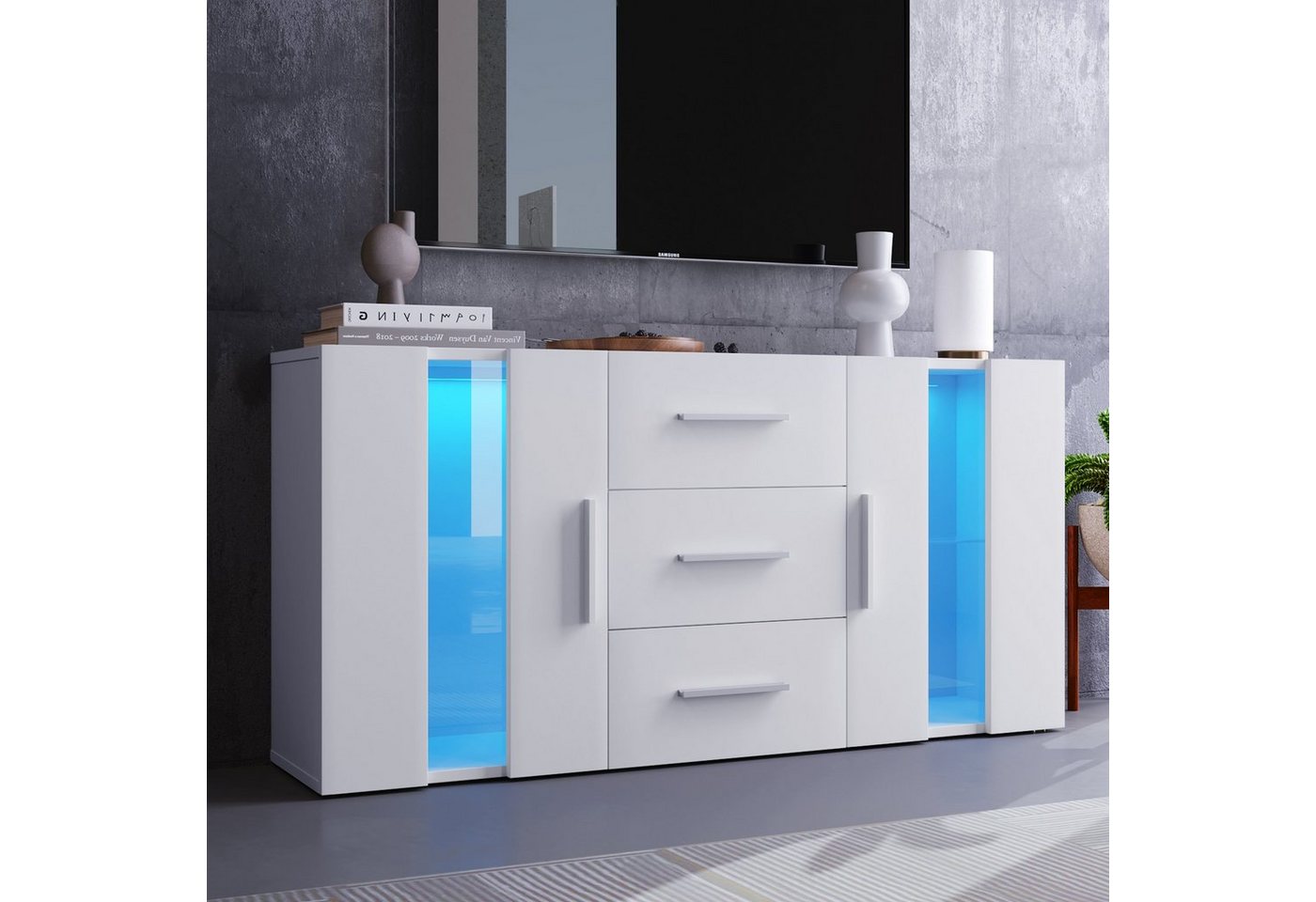 REDOM Sideboard TV schrank Kommode, Standschrank Lagerung-Schrank Einhei (Leicht zu reinigen und zu pflegen Robuste Konstruktion Viel Stauraum, 140*35*70cm), mit 16 Farben LED-Leuchten für Esszimmer Wohnzimmer von REDOM