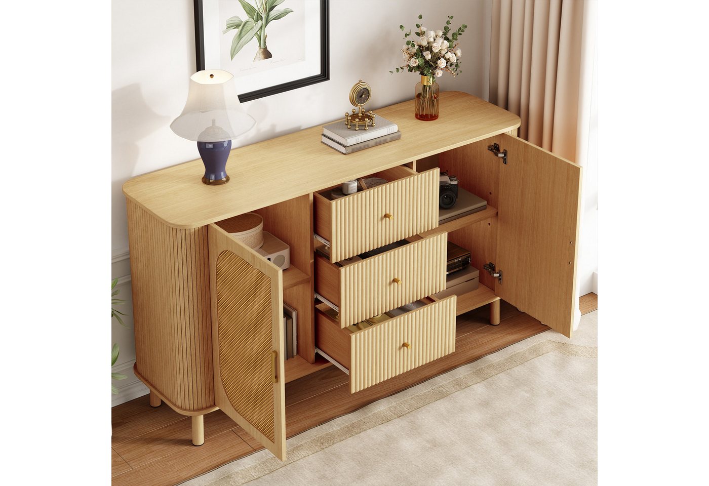 REDOM Sideboard halbelliptischen Türen und eleganter Holzmaserung (Kommode, Wohnzimmermöbel, 1 St., mit Schubladen, Regalen), Metallbeinnen von REDOM