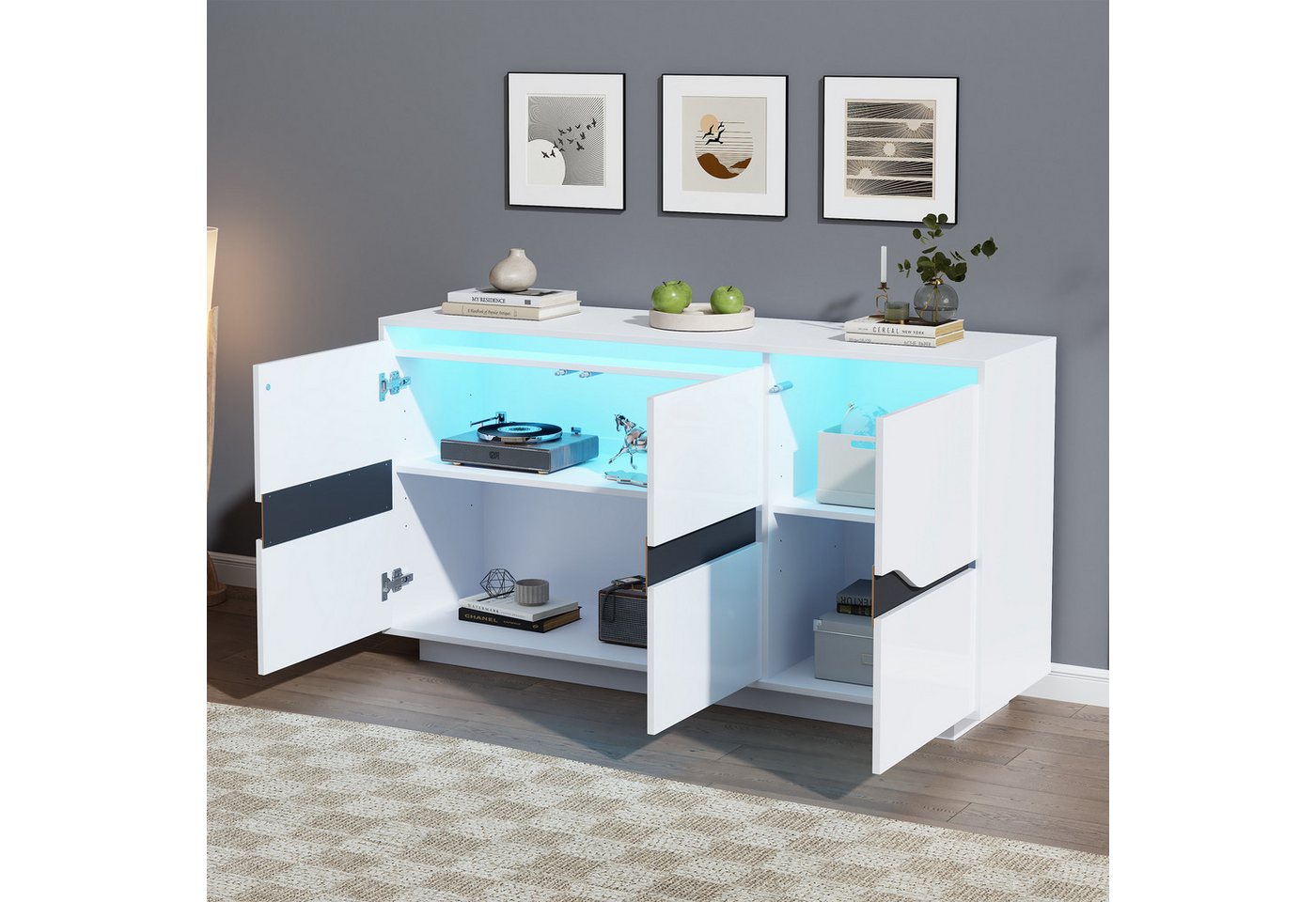 REDOM Sideboard mit 3 Fächern & großer Ablagefläche (Kommode, Sofa-Beistellschrank, Anrichte, 1 St., mit Soft-Close-Scharniere – Sanftes Öffnen), verstellbaren Einlegeböden von REDOM