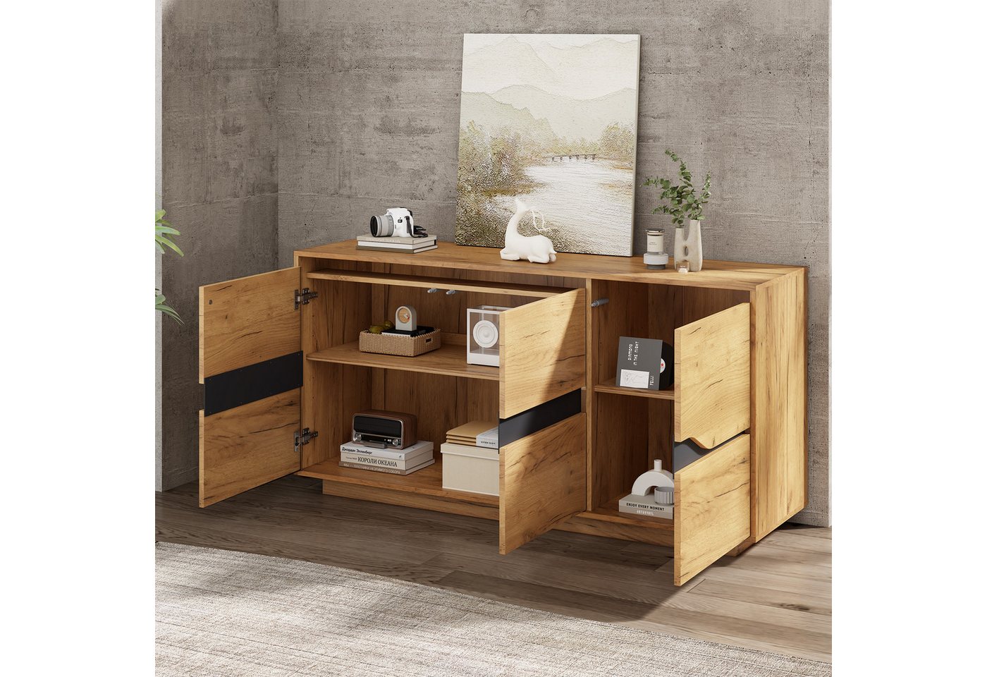 REDOM Sideboard mit 3 Fächern & großer Ablagefläche (Kommode, Sofa-Beistellschrank, Anrichte, 1 St., mit Soft-Close-Scharniere – Sanftes Öffnen), verstellbaren Einlegeböden von REDOM