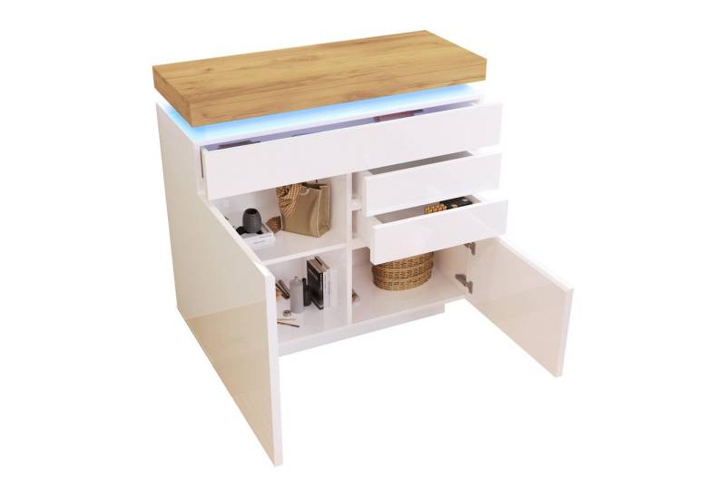 REDOM Sideboard mit großen Stauraum (Mehrzweckschrank, 1 St., 2 Türen und 3 Schubladen), Hochglanz Kommode mit LED Beleuchtung (App -Steuerung) von REDOM