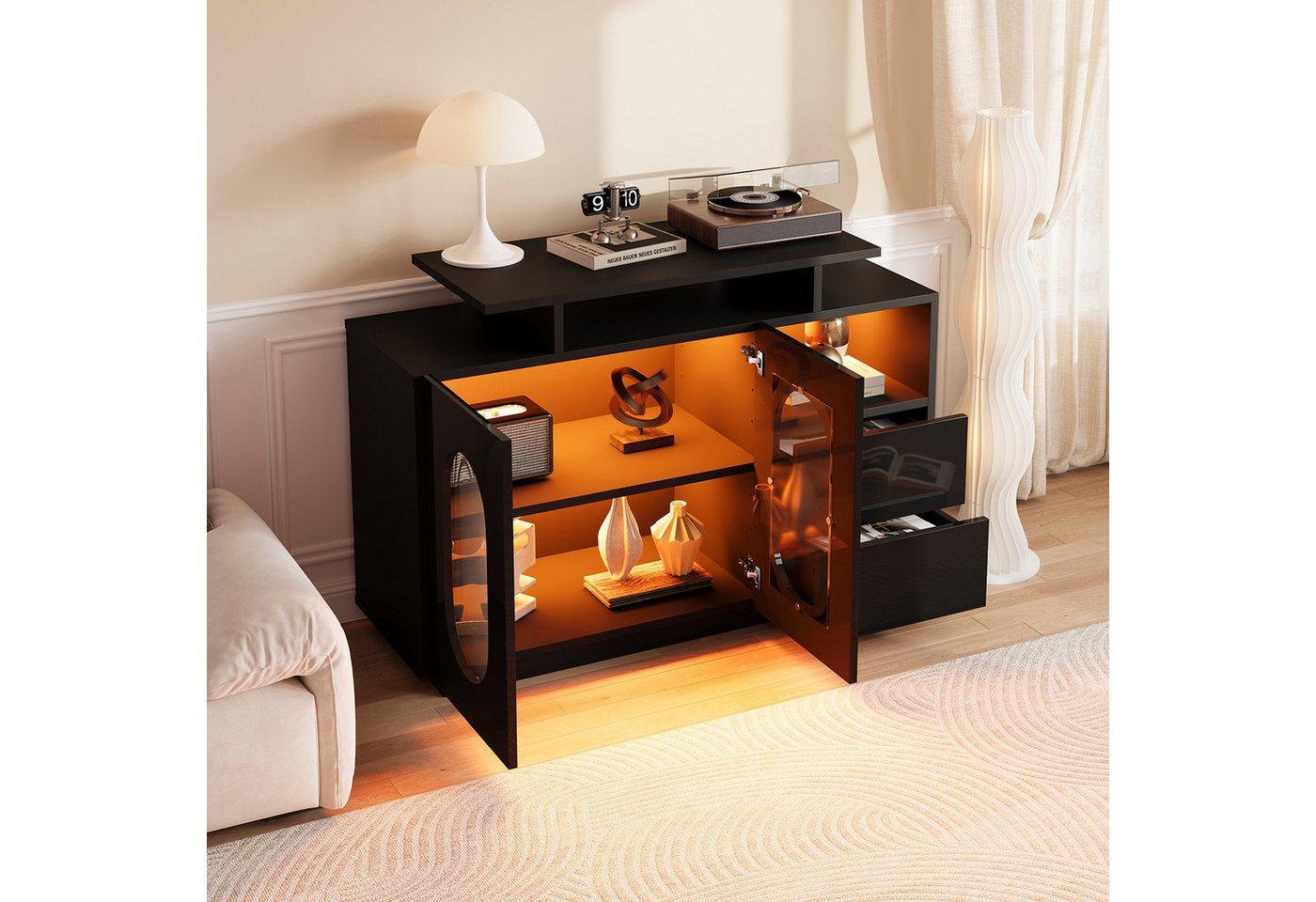 REDOM Sideboard mit praktischem Stauraum, Hochglanzoptik und ovalen Glastüren (LED-Anrichte, Küchenschrank, 120x40x80cm) von REDOM