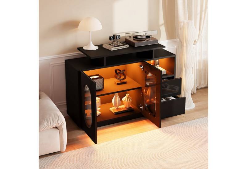 REDOM Sideboard mit praktischem Stauraum, Hochglanzoptik und ovalen Glastüren (LED-Anrichte, Küchenschrank, 120x40x80cm) von REDOM