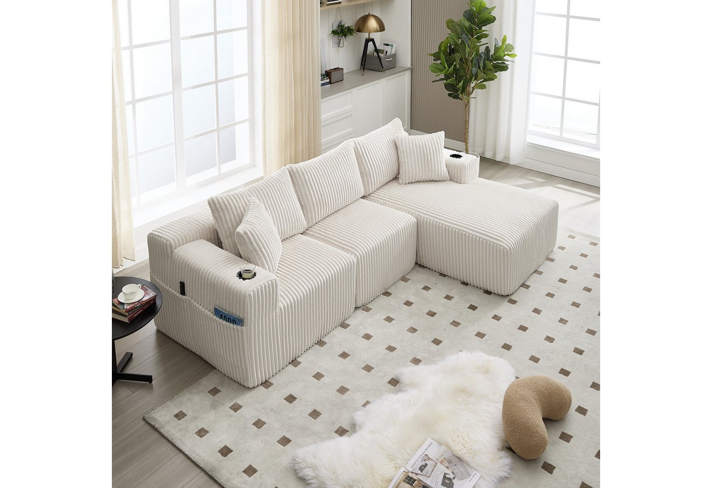 REDOM Sofa 2-Sitzer & 5 Kissen, Cordbezug, Seitentaschen & Getränkehalter, mit Chaiselongue, Hochdichter Schaumstoff, DIY-Konfiguration, Loungesofa Ecksofa von REDOM