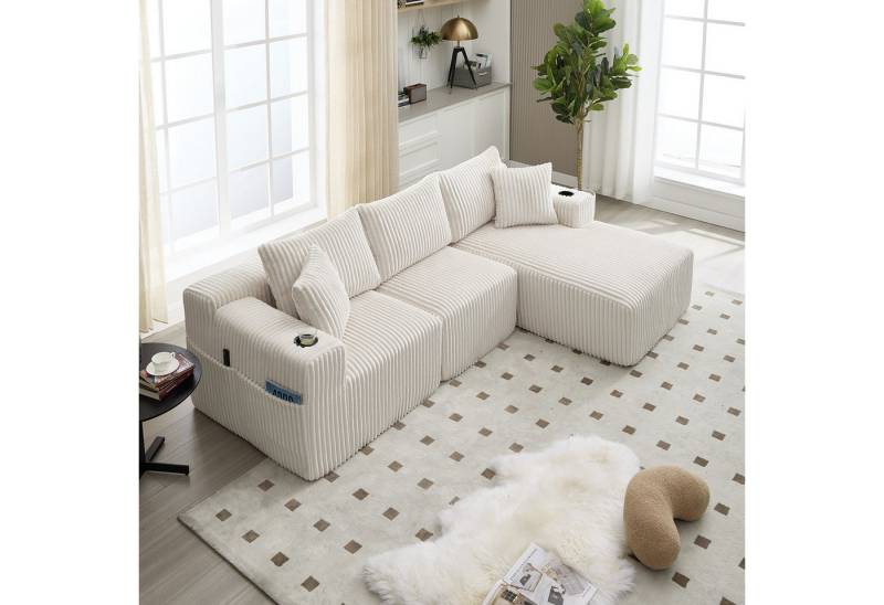 REDOM Sofa 2-Sitzer & 5 Kissen, Cordbezug, Seitentaschen & Getränkehalter, mit Chaiselongue, Hochdichter Schaumstoff, DIY-Konfiguration, Loungesofa Ecksofa von REDOM