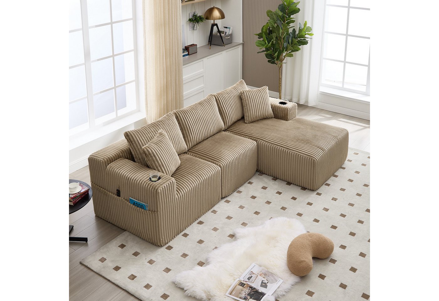 REDOM Sofa 2-Sitzer & 5 Kissen, Cordbezug, Seitentaschen & Getränkehalter, mit Chaiselongue, Hochdichter Schaumstoff, DIY-Konfiguration, Loungesofa Ecksofa von REDOM