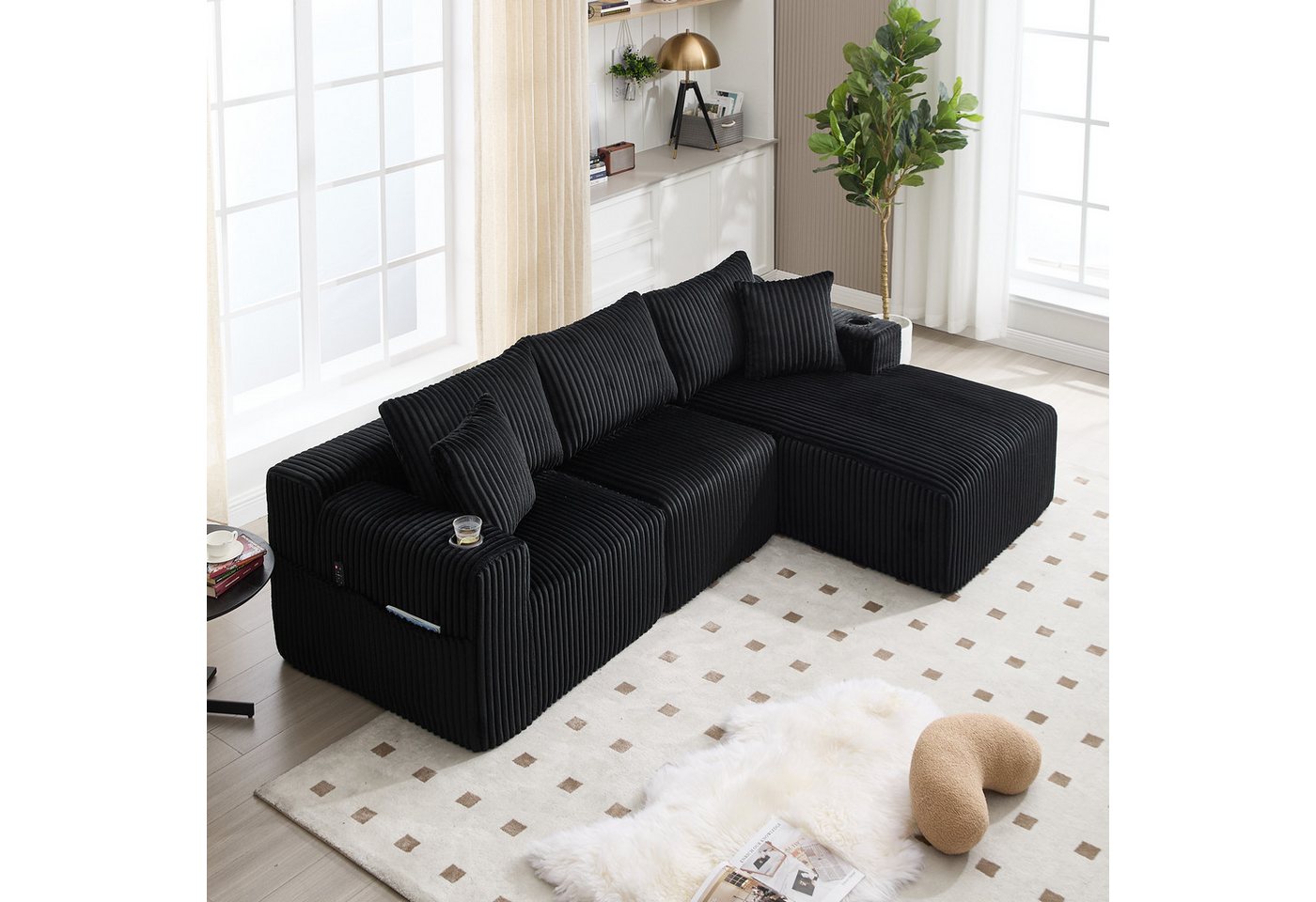 REDOM Sofa 2-Sitzer & 5 Kissen, Cordbezug, Seitentaschen & Getränkehalter, mit Chaiselongue, Hochdichter Schaumstoff, DIY-Konfiguration, Loungesofa Ecksofa von REDOM