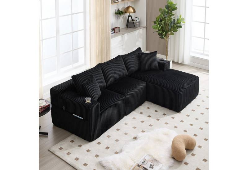 REDOM Sofa 2-Sitzer & 5 Kissen, Cordbezug, Seitentaschen & Getränkehalter, mit Chaiselongue, Hochdichter Schaumstoff, DIY-Konfiguration, Loungesofa Ecksofa von REDOM