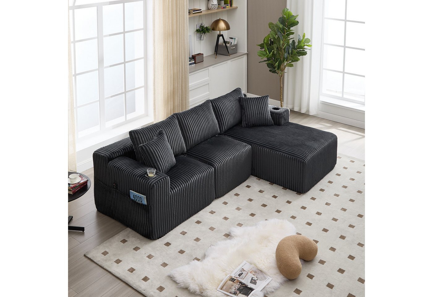 REDOM Sofa 2-Sitzer & 5 Kissen, Cordbezug, Seitentaschen & Getränkehalter, mit Chaiselongue, Hochdichter Schaumstoff, DIY-Konfiguration, Loungesofa Ecksofa von REDOM