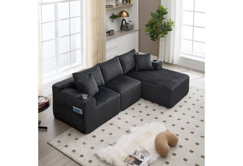 REDOM Sofa 2-Sitzer & 5 Kissen, Cordbezug, Seitentaschen & Getränkehalter, mit Chaiselongue, Hochdichter Schaumstoff, DIY-Konfiguration, Loungesofa Ecksofa von REDOM