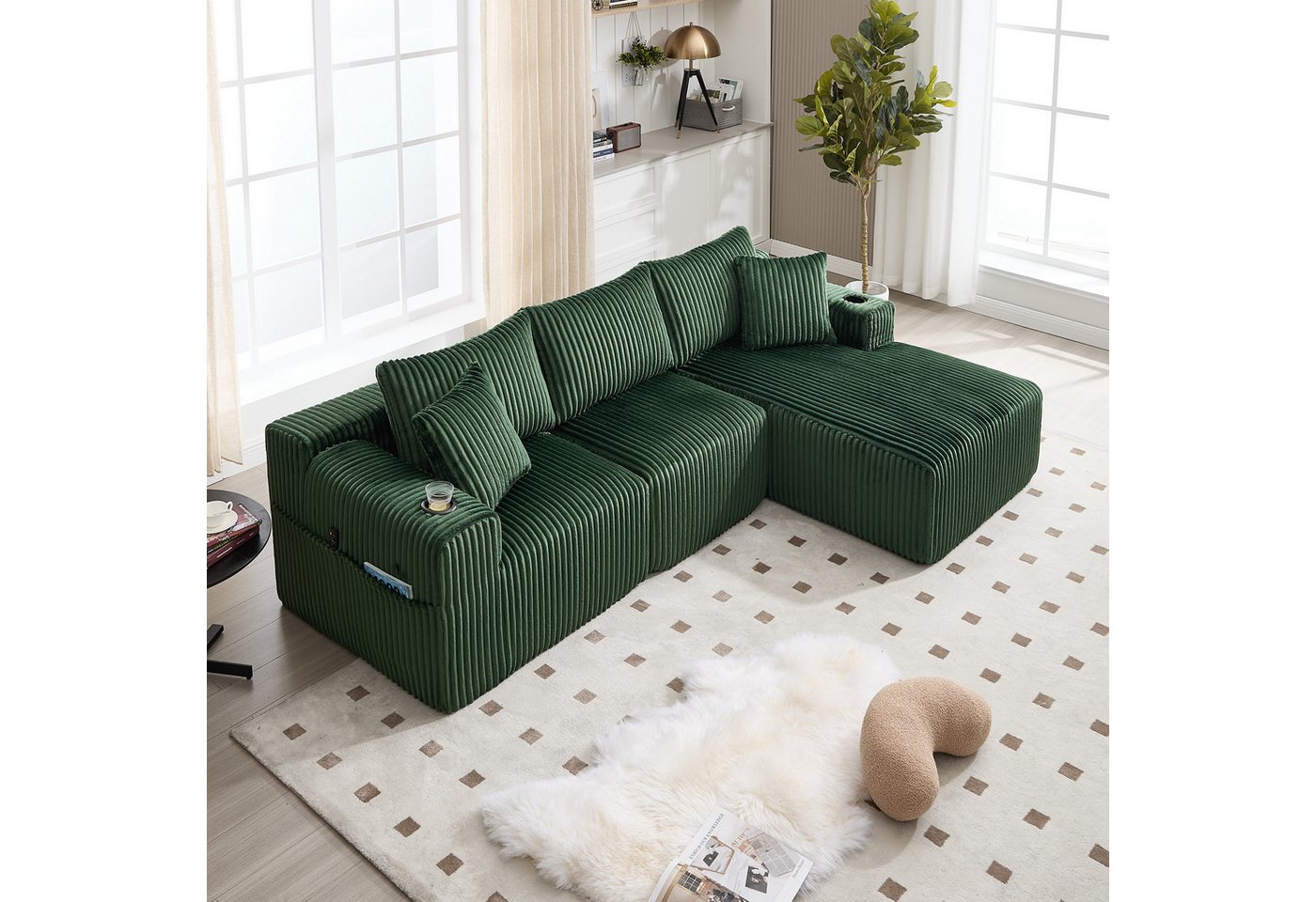 REDOM Sofa 2-Sitzer & 5 Kissen, Cordbezug, Seitentaschen & Getränkehalter, mit Chaiselongue, Hochdichter Schaumstoff, DIY-Konfiguration, Loungesofa Ecksofa von REDOM