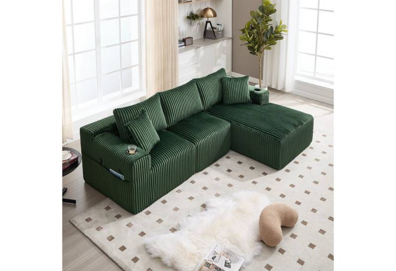 REDOM Sofa 2-Sitzer & 5 Kissen, Cordbezug, Seitentaschen & Getränkehalter, mit Chaiselongue, Hochdichter Schaumstoff, DIY-Konfiguration, Loungesofa Ecksofa von REDOM