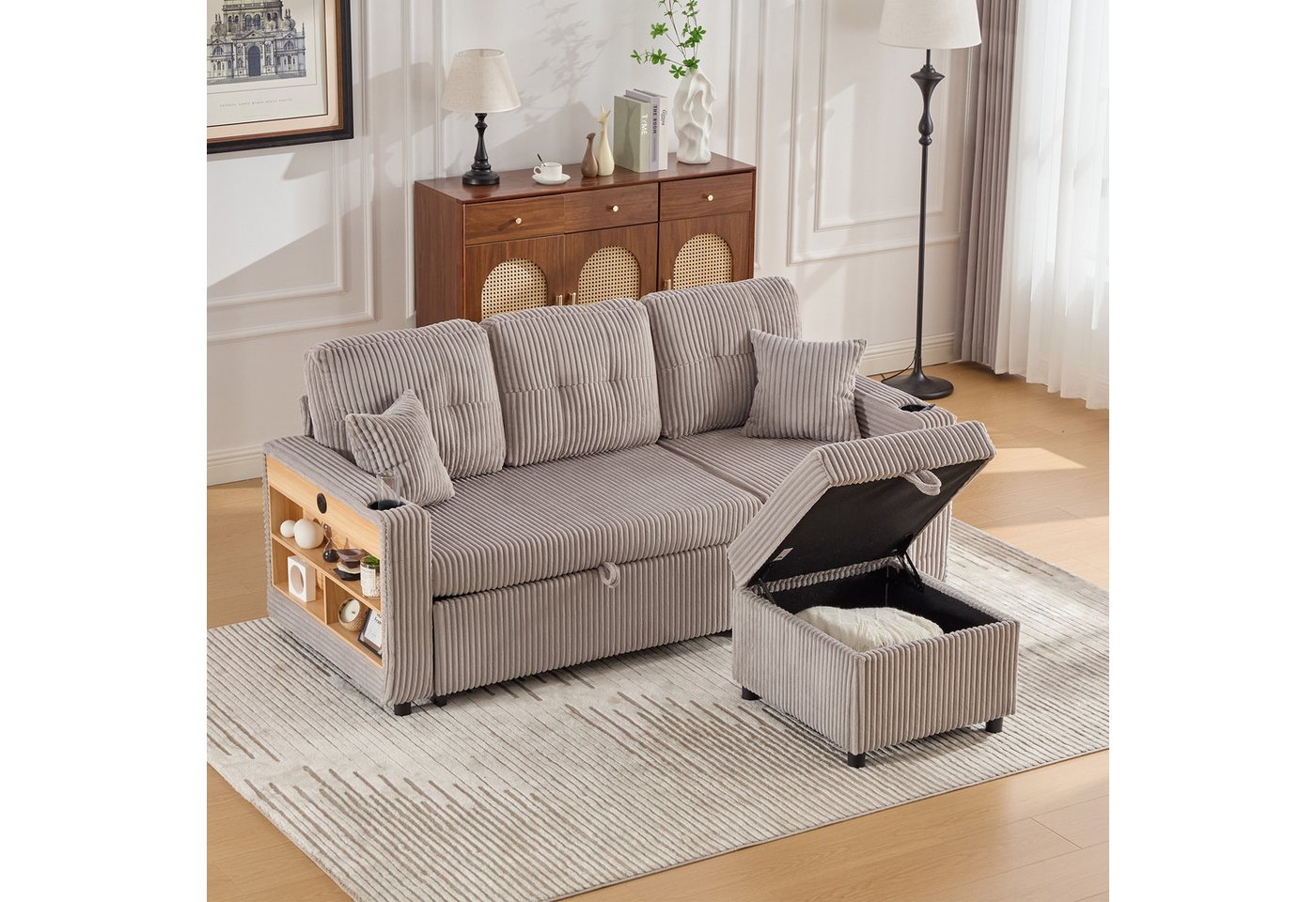 REDOM Sofa 2-in-1 Cord-Sofa mit Stauraum, LED-Ambiente und Ausziehbett, Loungesofa Schlafsofa, 196x82-144x85 cm REDOM Sofa 2-in-1 Cord-Sofa mit Stauraum, LED-Ambiente und Ausziehbett, Loungesofa Schlafsofa, 196x82-144x85 cm von REDOM