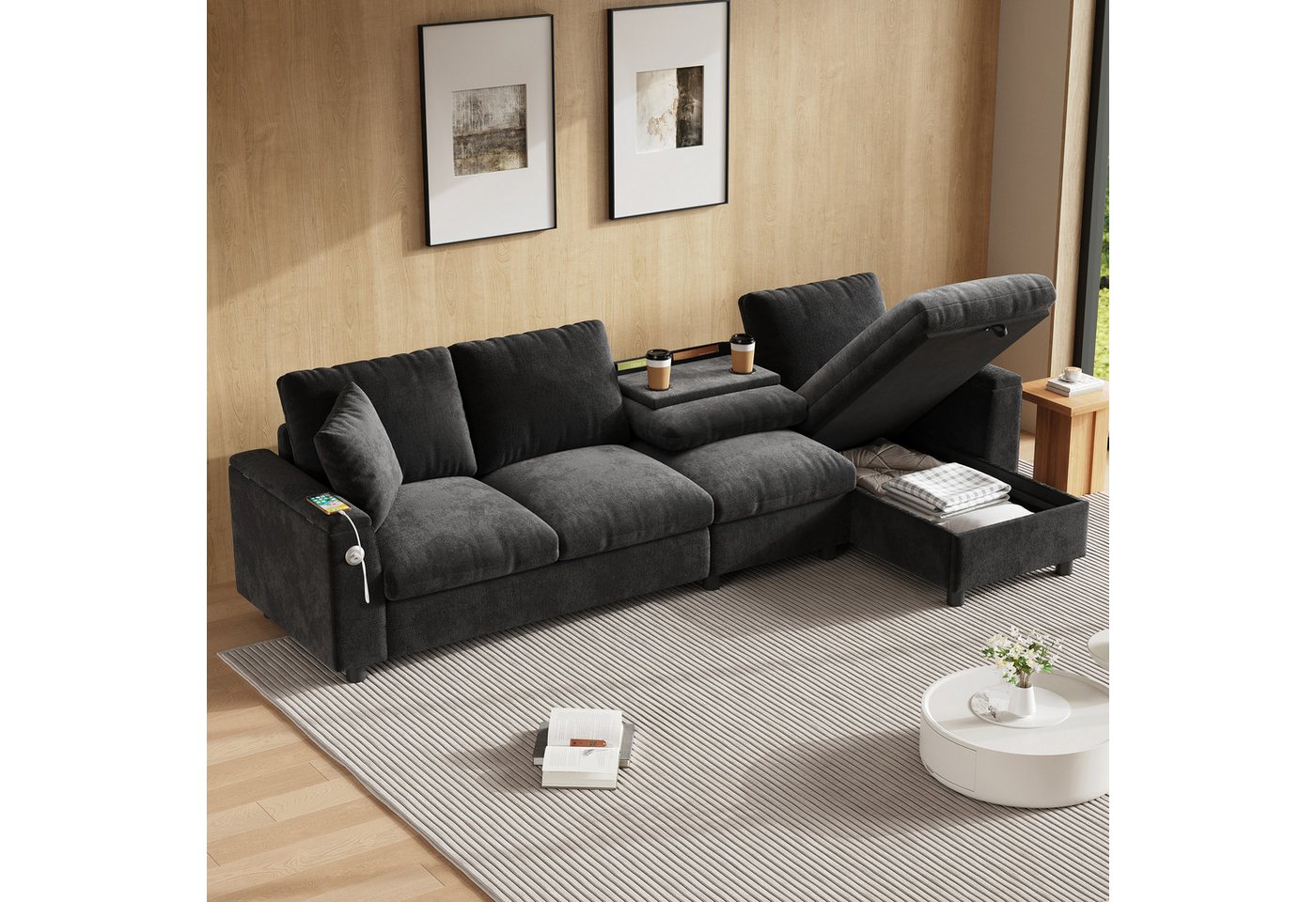 REDOM Sofa Modernes L-förmiges Chenille-Ecksofa, mit Schlaffunktion, Stauraum & ausklappbarem Tisch – mit USB/Typ-C Ladeanschluss 1 Teile REDOM Sofa Modernes L-förmiges Chenille-Ecksofa, mit Schlaffunktion, Stauraum & ausklappbarem Tisch – mit USB/Typ-C Ladeanschluss 1 Teile von REDOM