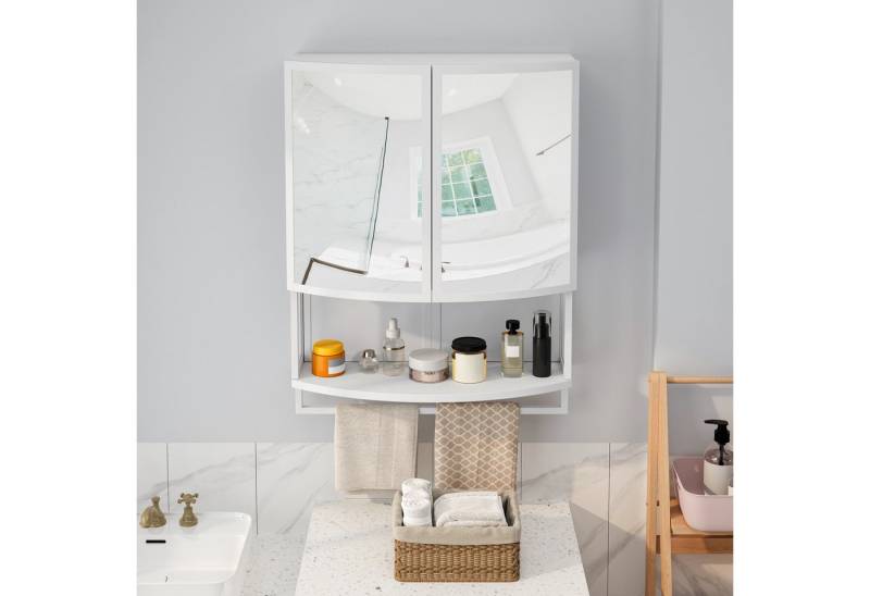 REDOM Spiegelschrank Doppeltürschrank mit Offenem Regal, Handtuchhalter (Wandschrank, Badschrank, 60 cm Wandregal mit Rundbogen-Design und Stoßfestem Spiegel, Ausführung mit Offenem Regal & Handtuchhalter) von REDOM