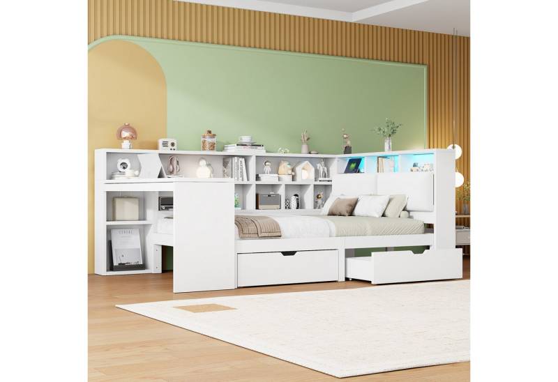 REDOM Stauraumbett Funktionsbett,Einzelbett,Kinderbett,Jugendbett (L-förmiges Holz-Plattformbett mit integriertem Schreibtisch, LED-Beleuchtung und Bücherregal – Weiß für Homeoffice, kleine Schlafzimmer und multifunktionale Räume, 140x200), mit Schreibtisch und Bücherregal REDOM Stauraumbett Funktionsbett,Einzelbett,Kinderbett,Jugendbett (L-förmiges Holz-Plattformbett mit integriertem Schreibtisch, LED-Beleuchtung und Bücherregal – Weiß für Homeoffice, kleine Schlafzimmer und multifunktionale Räume, 140x200), mit Schreibtisch und Bücherregal von REDOM