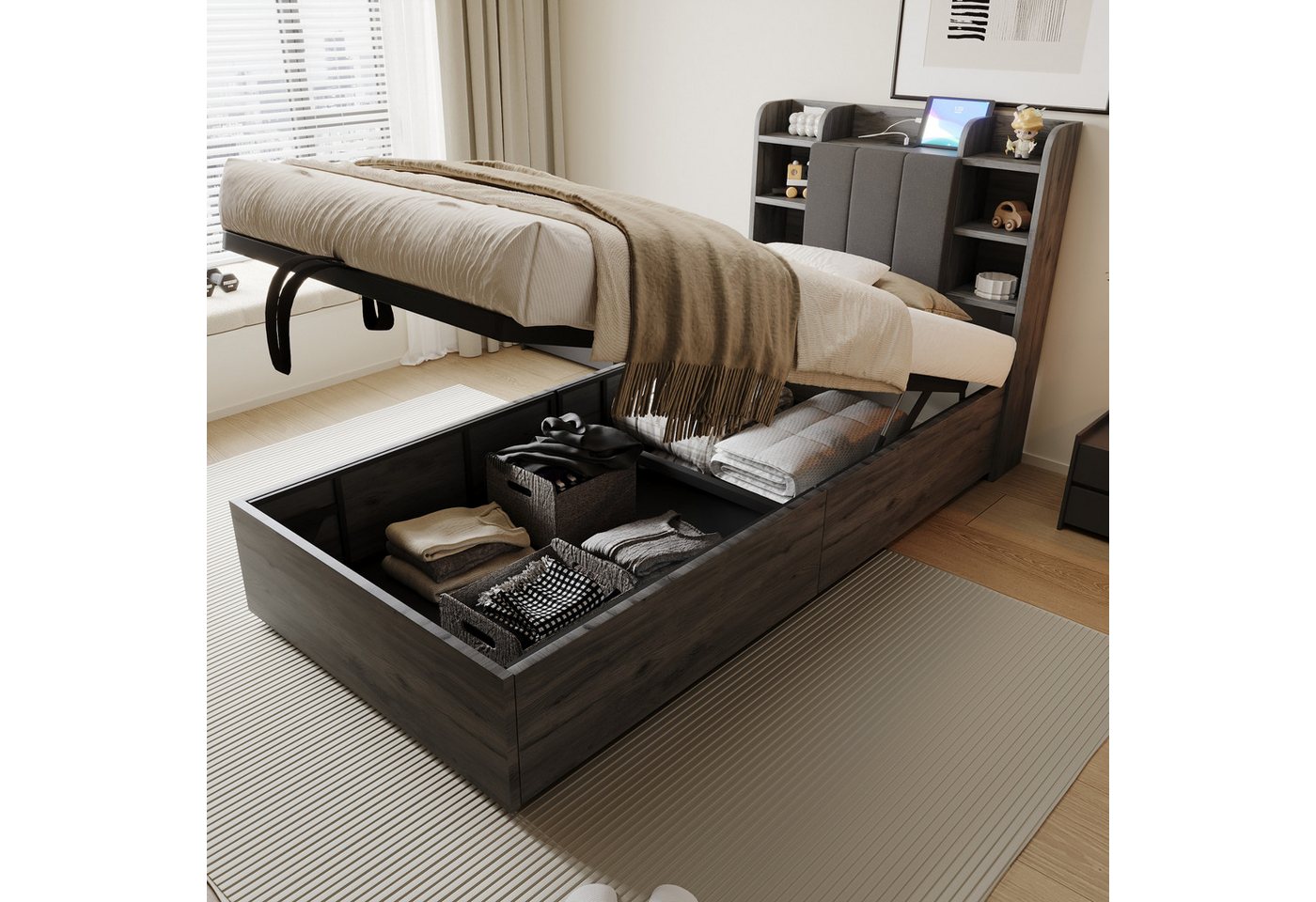 REDOM Stauraumbett Hydraulisches Holzbett, Mit USB- & Tape-C-Steckdose (Verstecktem Stauraum und Ablagefächern im Kopfteil, Multifunktionales Kinderbett Funktionsbett 90x200 cm), Inklusive Matratze von REDOM