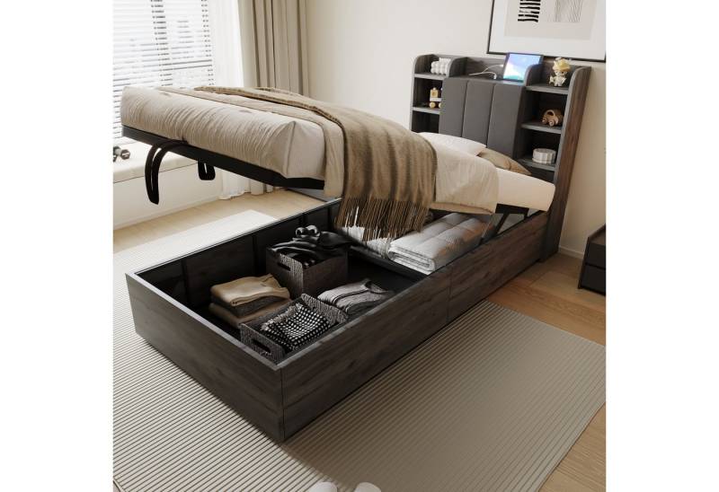 REDOM Stauraumbett Hydraulisches Holzbett, Mit USB- & Tape-C-Steckdose (Verstecktem Stauraum und Ablagefächern im Kopfteil, Multifunktionales Kinderbett Funktionsbett 90x200 cm), Inklusive Matratze von REDOM