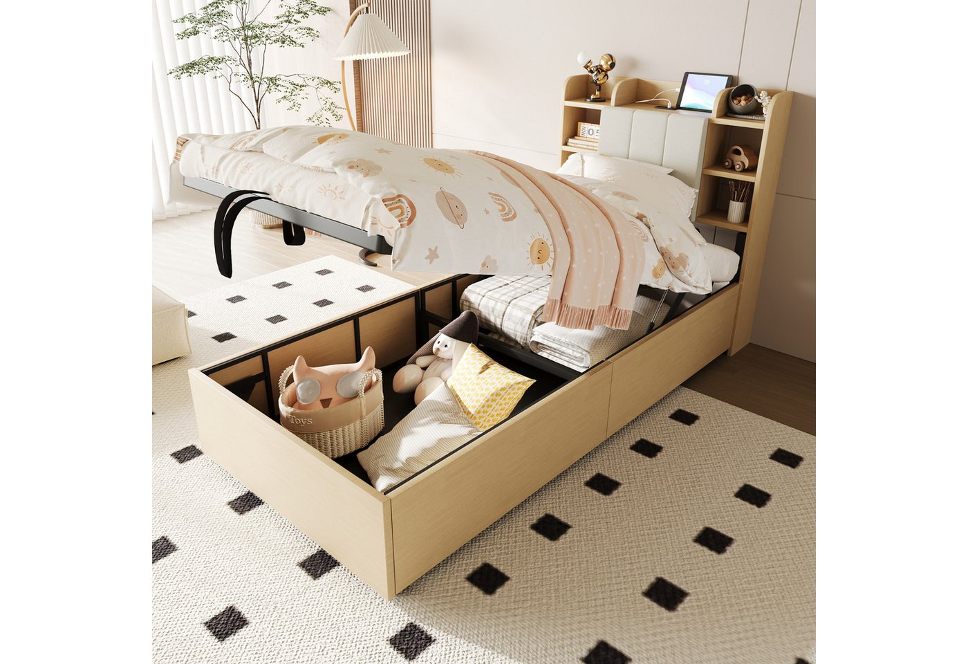 REDOM Stauraumbett Hydraulisches Holzbett, Mit USB- & Tape-C-Steckdose (Verstecktem Stauraum und Ablagefächern im Kopfteil, Multifunktionales Kinderbett Funktionsbett 90x200 cm), Inklusive Matratze von REDOM