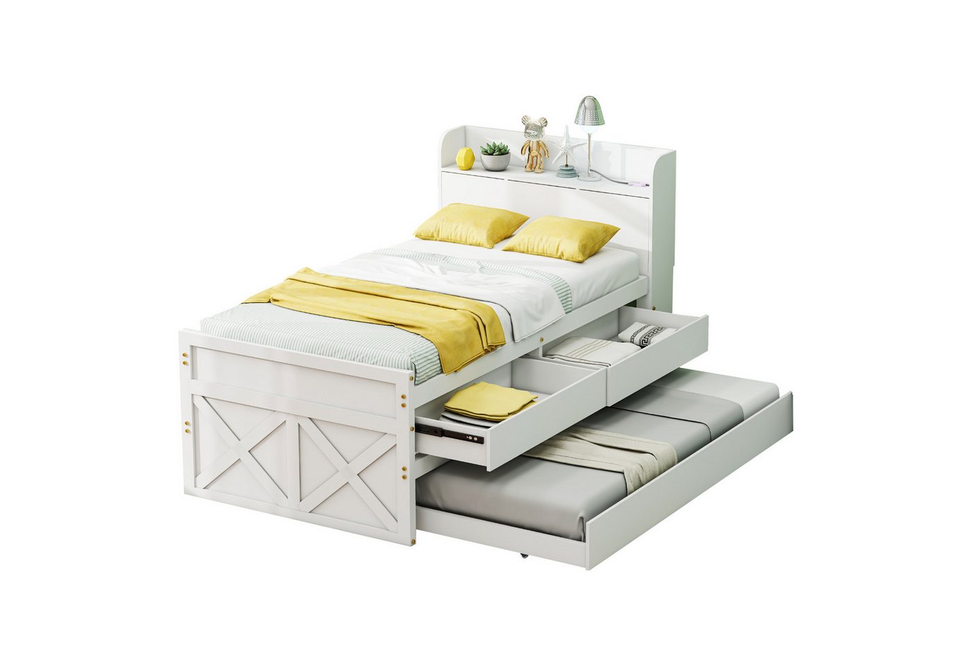 REDOM Stauraumbett Kinderbett mit ausziehbarer Schublade Lattenrost (Nachttisch mit Ablagen mit USB-Buchse, 90x190cm), ohne Matratze von REDOM