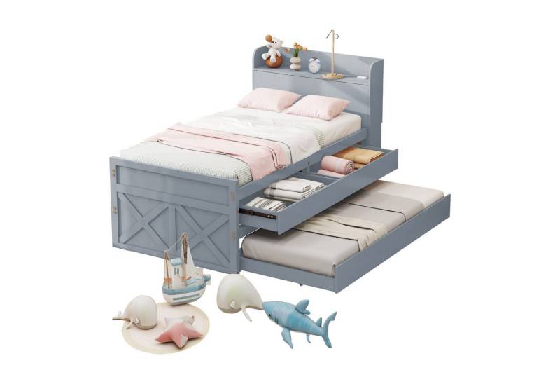 REDOM Stauraumbett Kinderbett mit ausziehbarer Schublade Lattenrost (Nachttisch mit Ablagen mit USB-Buchse, 90x190cm), ohne Matratze von REDOM