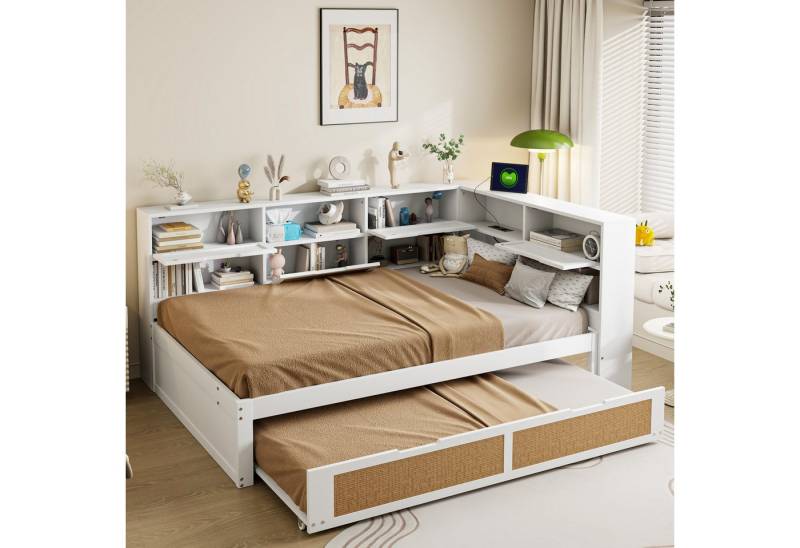 REDOM Stauraumbett Multifunktionales Schlafsofa Daybett Tagesbett Kinderbett (mit Ausziehbett, Stauraum & USB-Ladeanschluss – Modernes Einzelbett für Kinderzimmer & Gästezimmer in Weiß – Massivholzrahmen & Rattan-Design, Multifunktionales Holz Schlafsofa 140x200 cm), ohne Matratze von REDOM