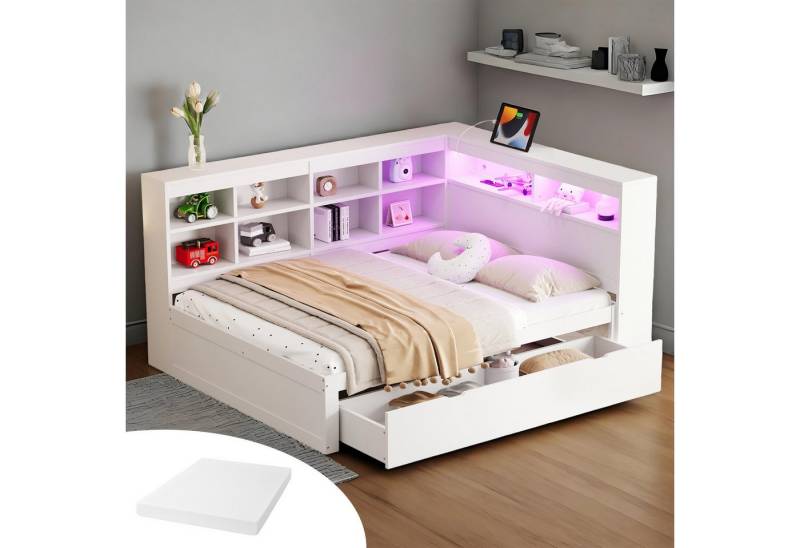 REDOM Stauraumbett Multifunktionales Schlafsofa Daybett Tagesbett Kinderbett (mit Extra Stauraum, Multifunktionales Doppelbett mit USB-Steckdose, LED-Lichtleiste & Regalen, Platzsparendes Holzbett für Schlafzimmer & Gästezimmer, 140x200cm), mit Matratze von REDOM