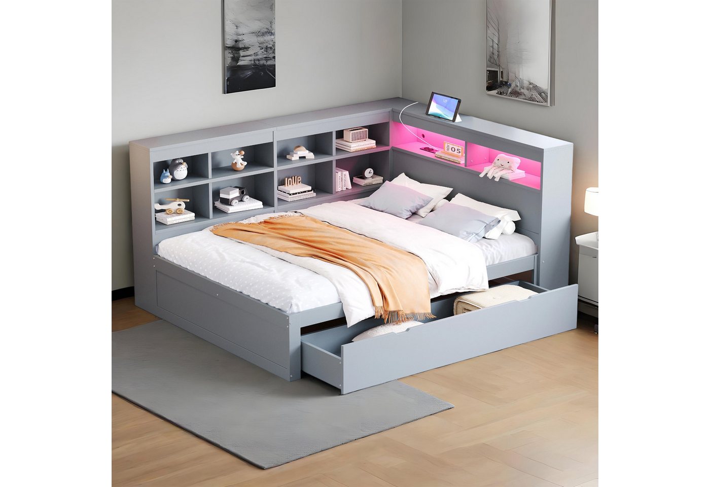REDOM Stauraumbett Multifunktionales Schlafsofa Daybett Tagesbett Kinderbett (mit Extra Stauraum, Multifunktionales Doppelbett mit USB-Steckdose, LED-Lichtleiste & Regalen, Platzsparendes Holzbett für Schlafzimmer & Gästezimmer, 140x200cm), ohne Matratze REDOM Stauraumbett Multifunktionales Schlafsofa Daybett Tagesbett Kinderbett (mit Extra Stauraum, Multifunktionales Doppelbett mit USB-Steckdose, LED-Lichtleiste & Regalen, Platzsparendes Holzbett für Schlafzimmer & Gästezimmer, 140x200cm), ohne Matratze von REDOM