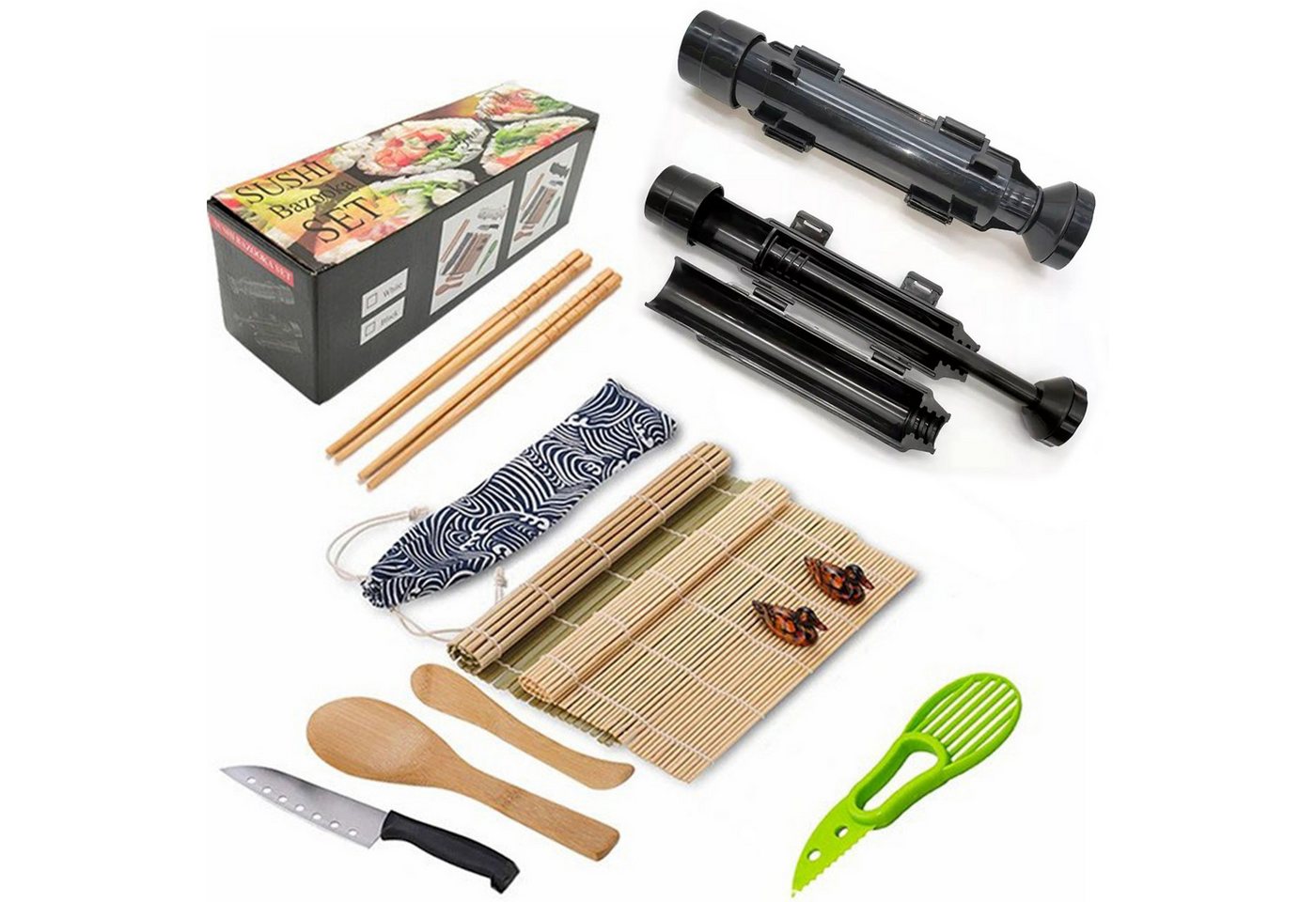 REDOM Sushi-Roller 12er Sushi Maker Kit mit Sushi-Bazooka, (Sushi-Komplettset mit Bazooka Messer Roller Matten usw. 12-tlg), für Anfänger Familien Partys von REDOM