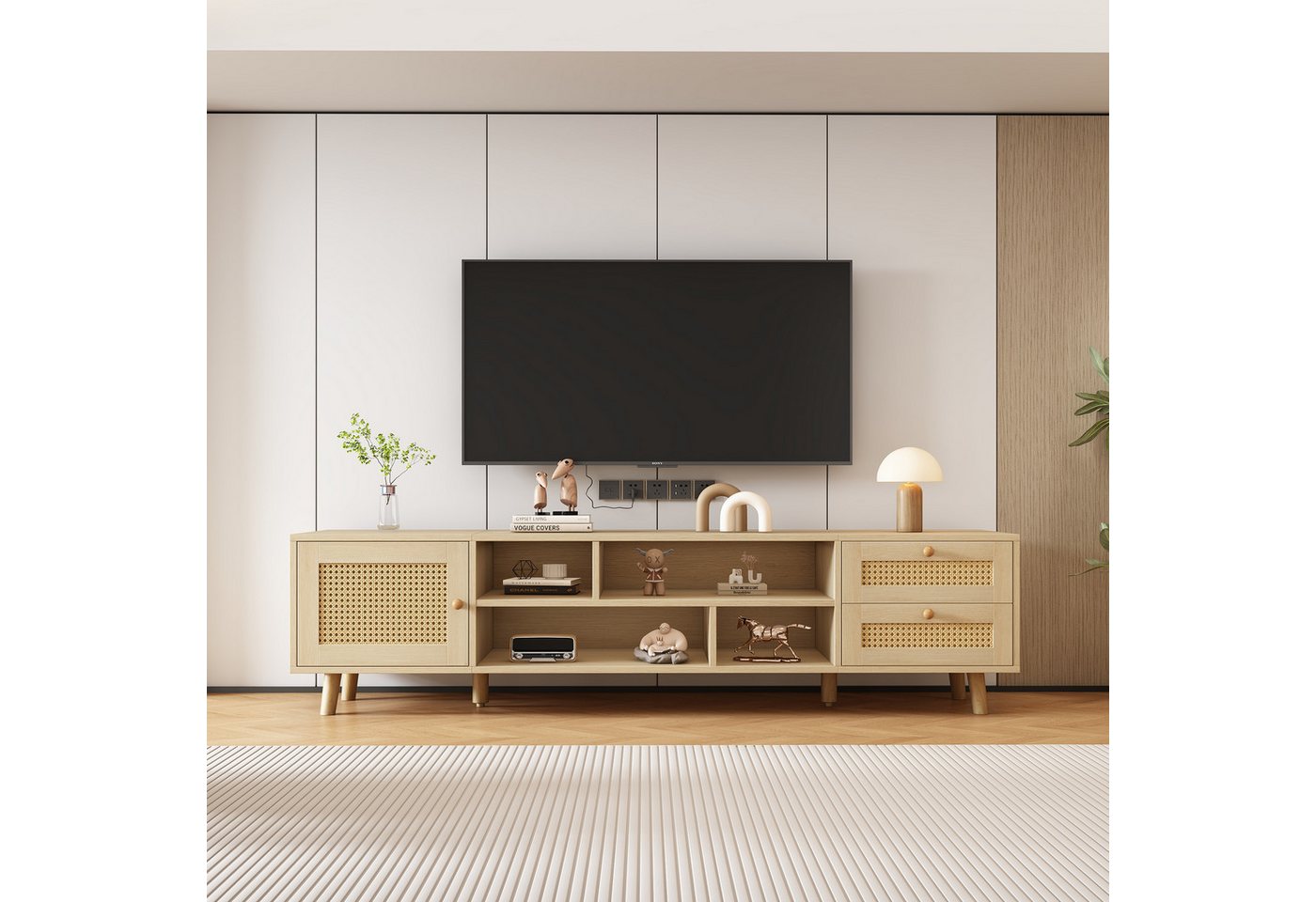 REDOM TV-Schrank (mit LED-Beleuchtung, 2 Schubladen, 1 Tür,für 70-Zoll-Fernseher) Premium 160 cm Holzfarbenes Rattan-TV-Ständer von REDOM
