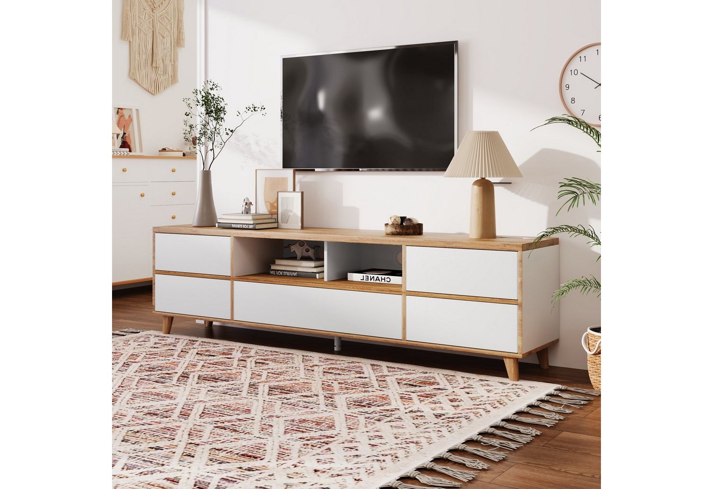 REDOM TV-Schrank Lowboard (Wohnzimmermöbel in Weiß und Holzfarben) Fächern und Türen im natürlichen Landhausstil. von REDOM