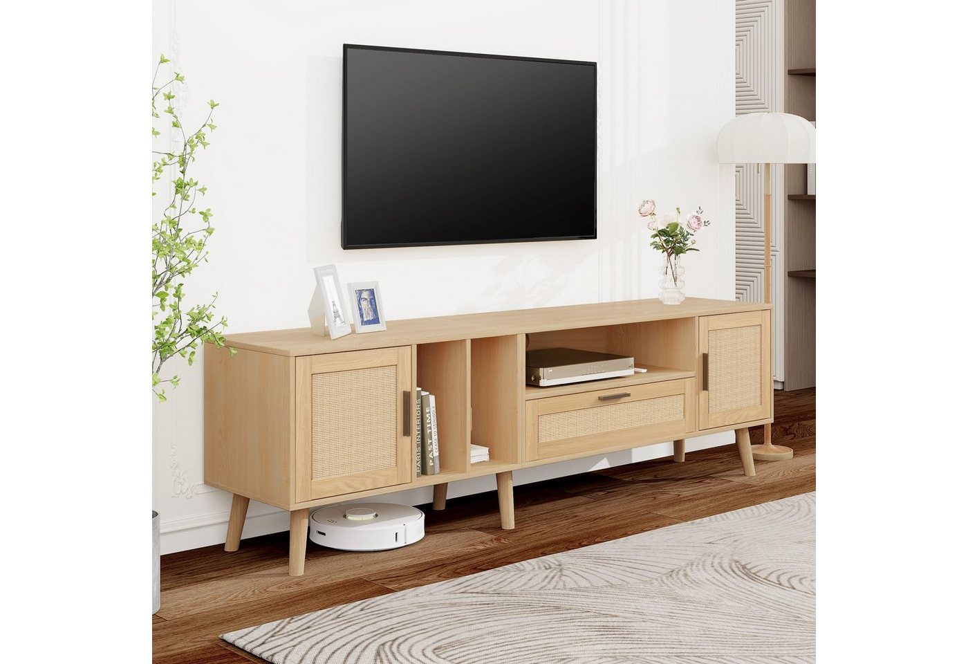 REDOM TV-Schrank Lowboard (für einen 80-Zoll-Fernseher) mit 2 Türen und einer Schublade, 180-cm-TV-Schrank, Rattan von REDOM