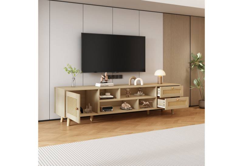 REDOM TV-Schrank Lowboard Unterschrank (2 Schubladen, 1 Tür,für 70-Zoll-Fernseher) Premium 160 cm Holzfarbenes Rattan-TV-Ständer von REDOM